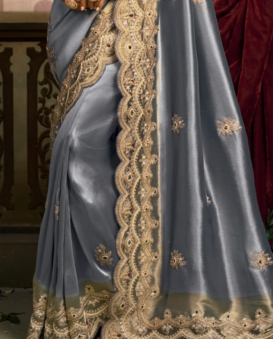 BLUE - Blue Silk Saree with Heavy Gold Embroidered Border Designer Blouse